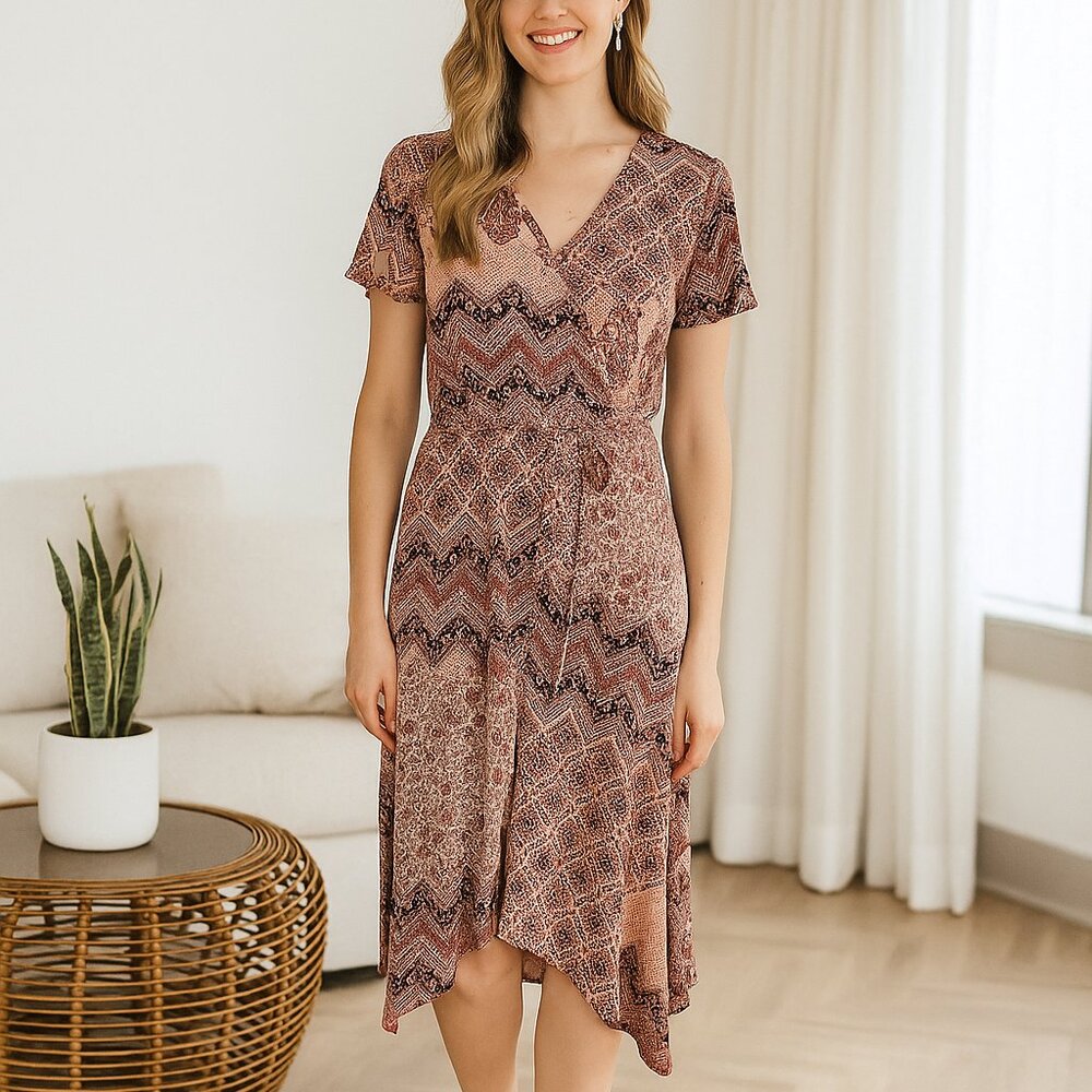 Paisley Shark Hem Pink Milkmaid Short Sleeve‎ Cottagecore Resort Party Women 6